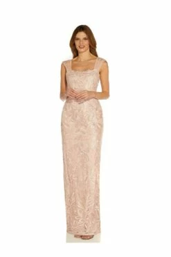 Adrianna Papell Ribbon Embroidery Column Gown For Female
