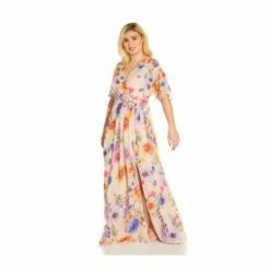 Adrianna Papell Plus Floral Printed Chiffon Gown For Female