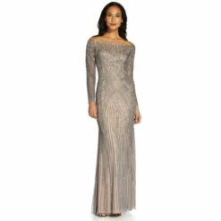 Adrianna Papell Beaded Off Shoulder Gown For Female