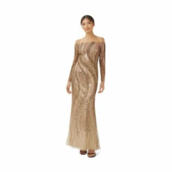 Adrianna Papell Beaded Off Shoulder Gown For Female